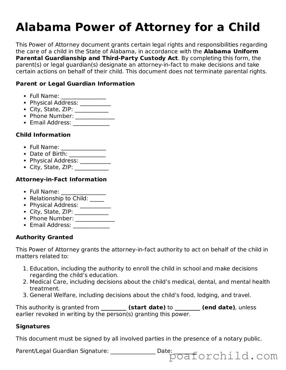 Blank  Power of Attorney for a Child Template for Alabama