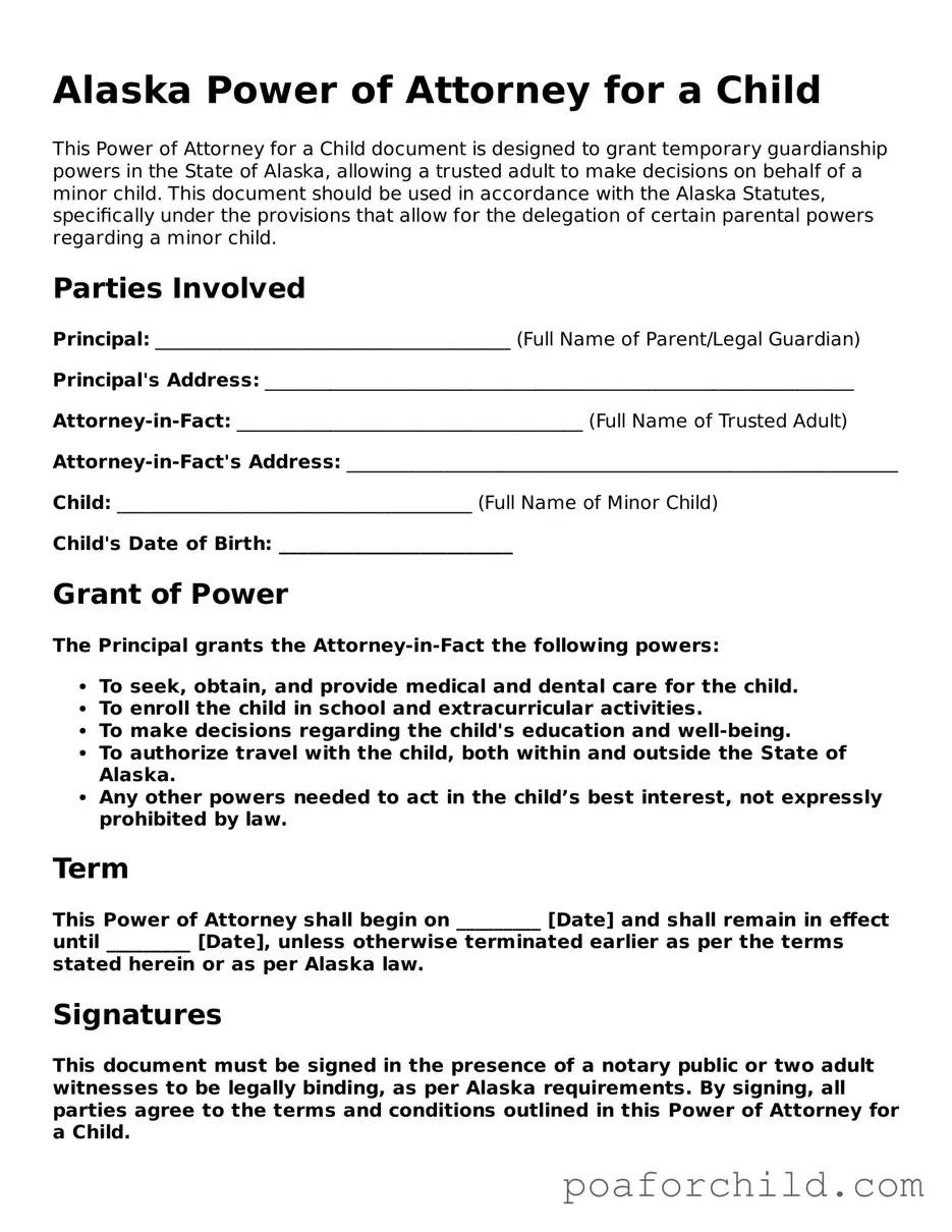 Blank  Power of Attorney for a Child Template for Alaska