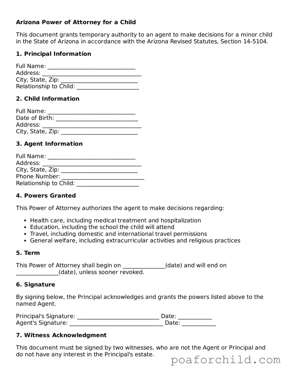 Blank  Power of Attorney for a Child Template for Arizona