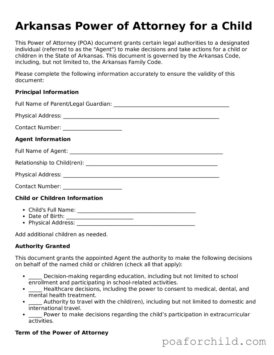 Blank  Power of Attorney for a Child Template for Arkansas