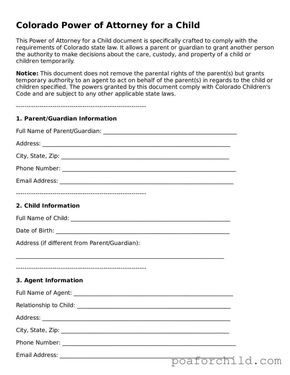 Blank  Power of Attorney for a Child Template for Colorado