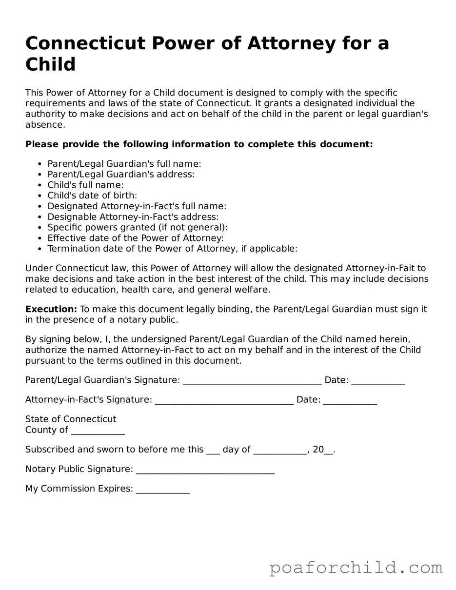 Blank  Power of Attorney for a Child Template for Connecticut