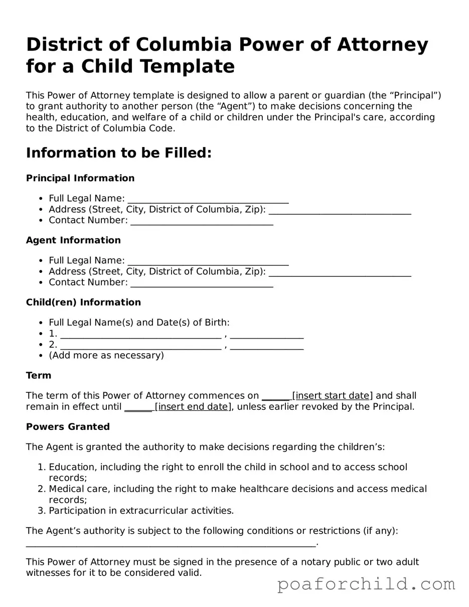 Blank  Power of Attorney for a Child Template for District of Columbia