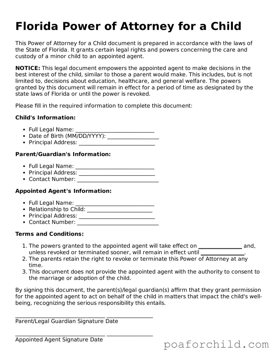 Blank  Power of Attorney for a Child Template for Florida