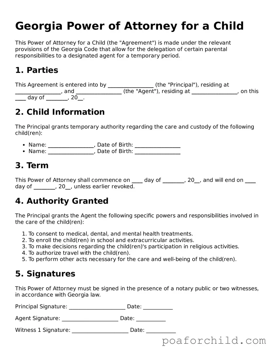 Blank  Power of Attorney for a Child Template for Georgia