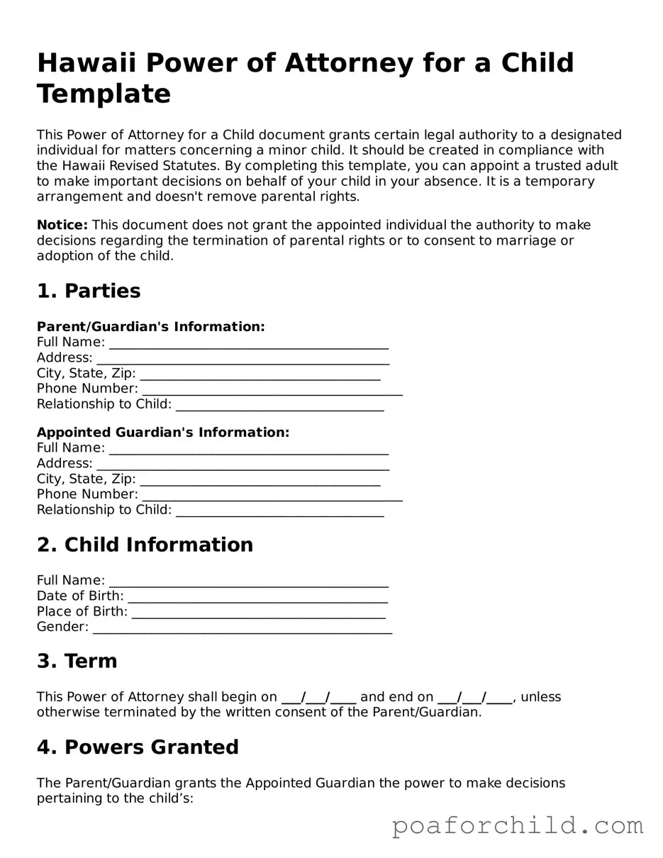 Blank  Power of Attorney for a Child Template for Hawaii