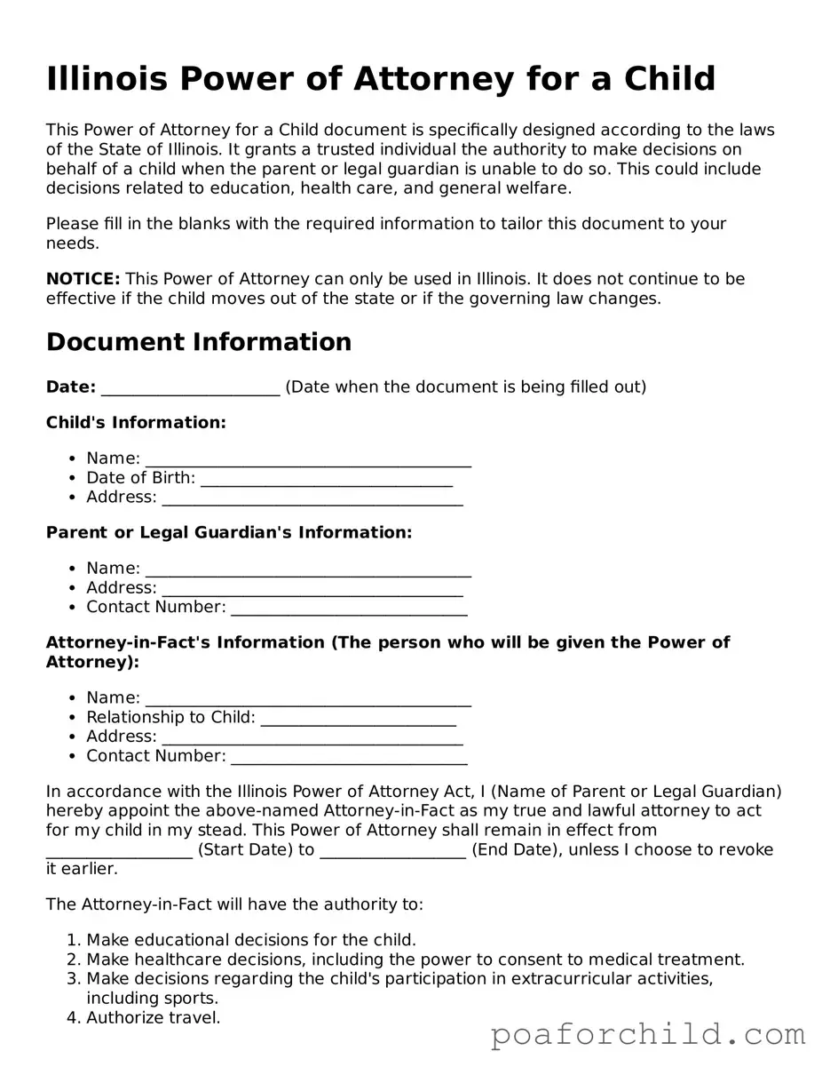 Blank  Power of Attorney for a Child Template for Illinois