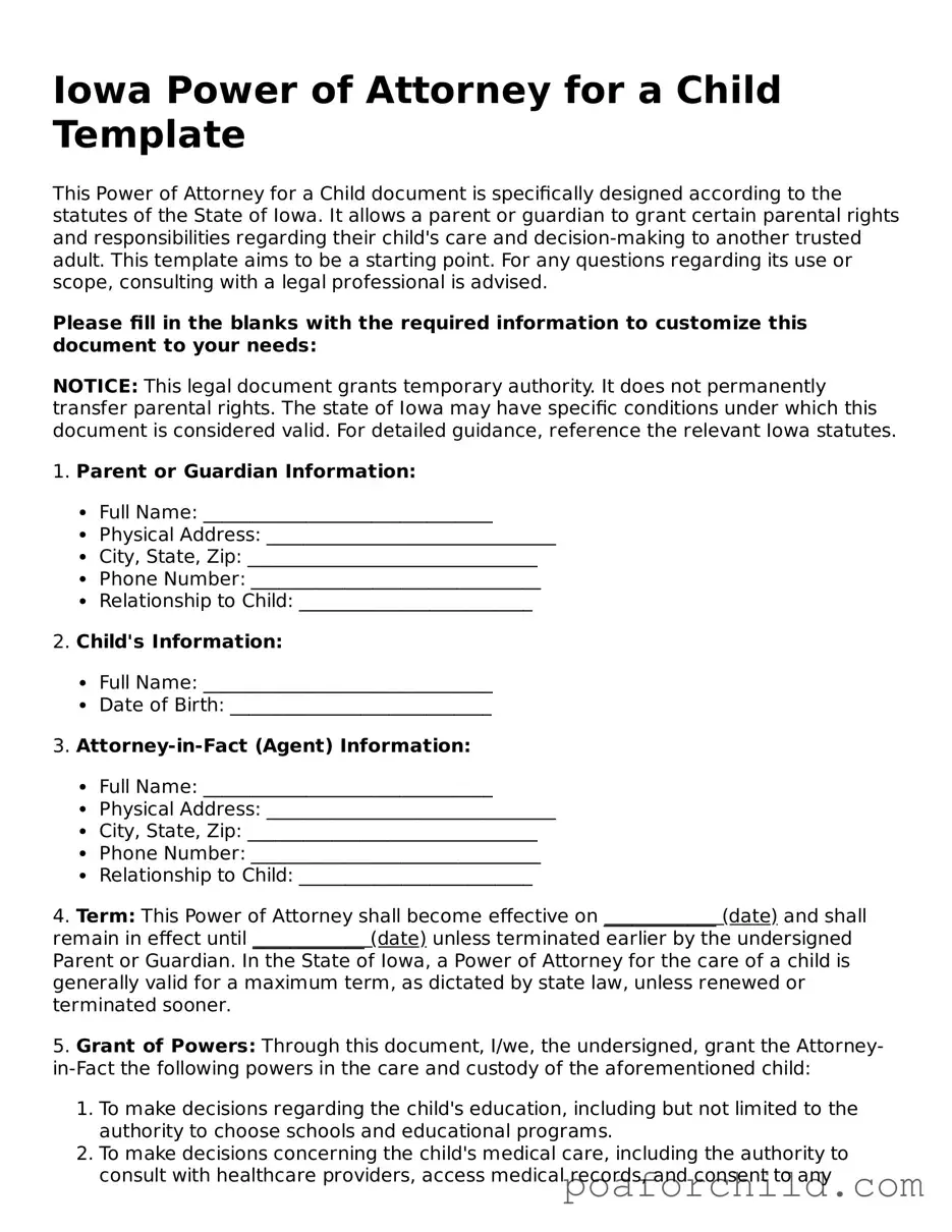 Blank  Power of Attorney for a Child Template for Iowa