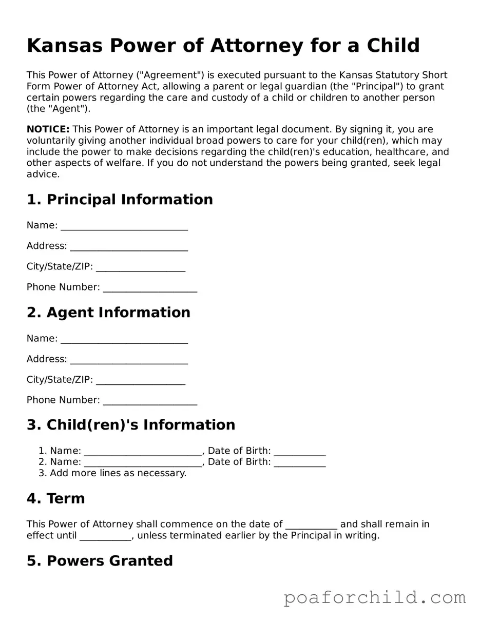 Blank  Power of Attorney for a Child Template for Kansas