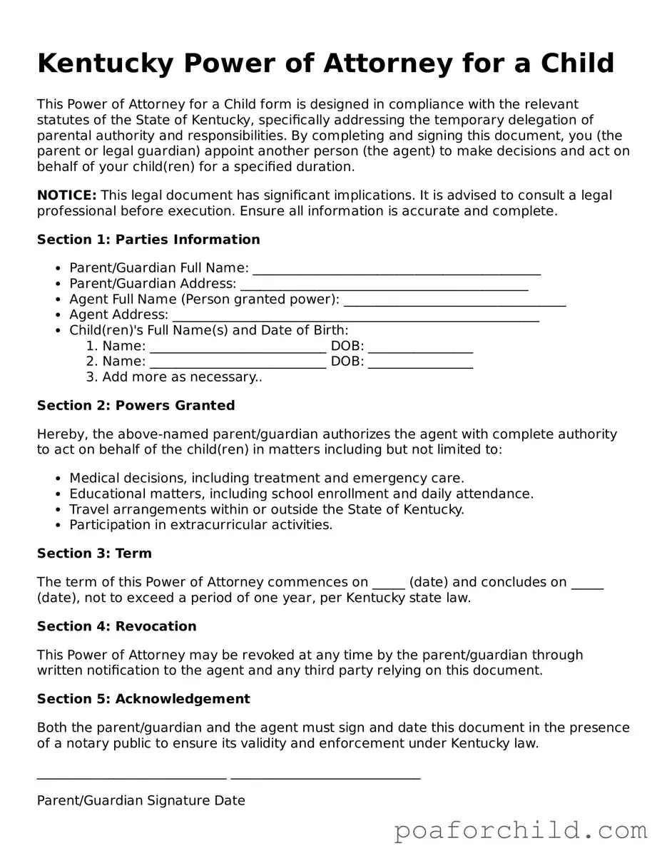 Blank  Power of Attorney for a Child Template for Kentucky