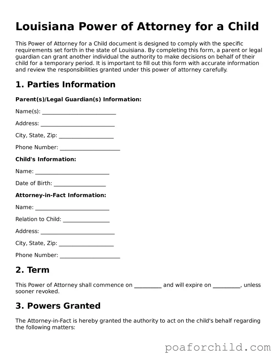 Blank  Power of Attorney for a Child Template for Louisiana