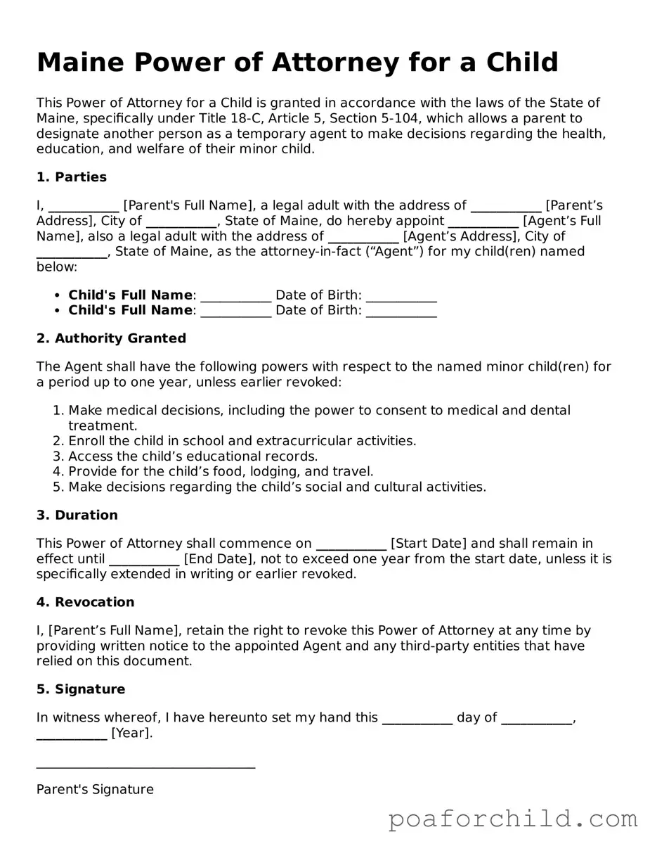 Blank  Power of Attorney for a Child Template for Maine