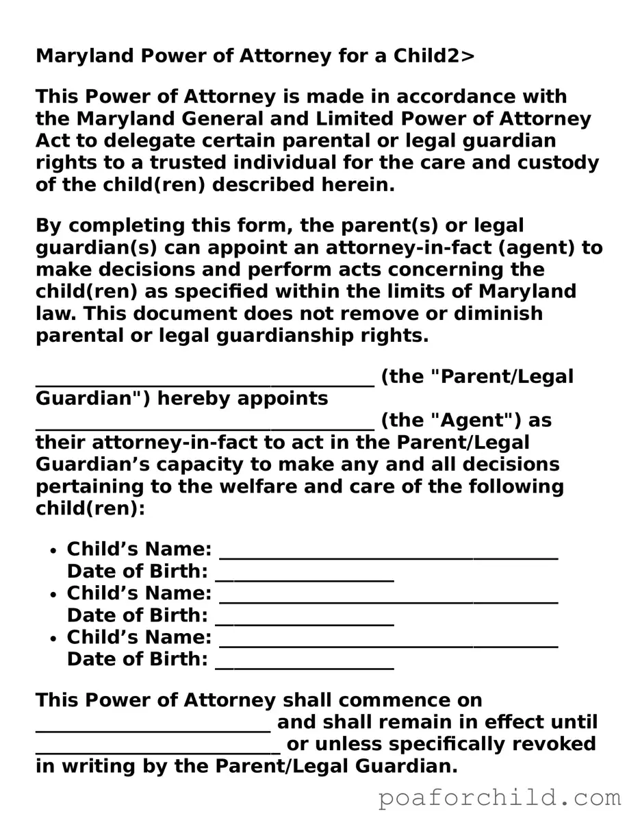 Blank  Power of Attorney for a Child Template for Maryland