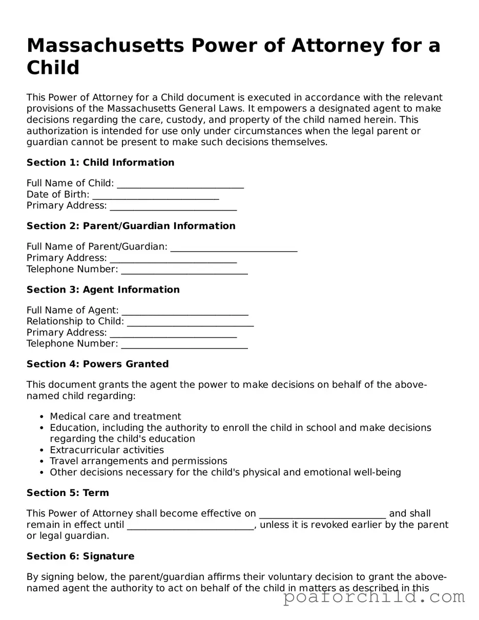 Blank  Power of Attorney for a Child Template for Massachusetts