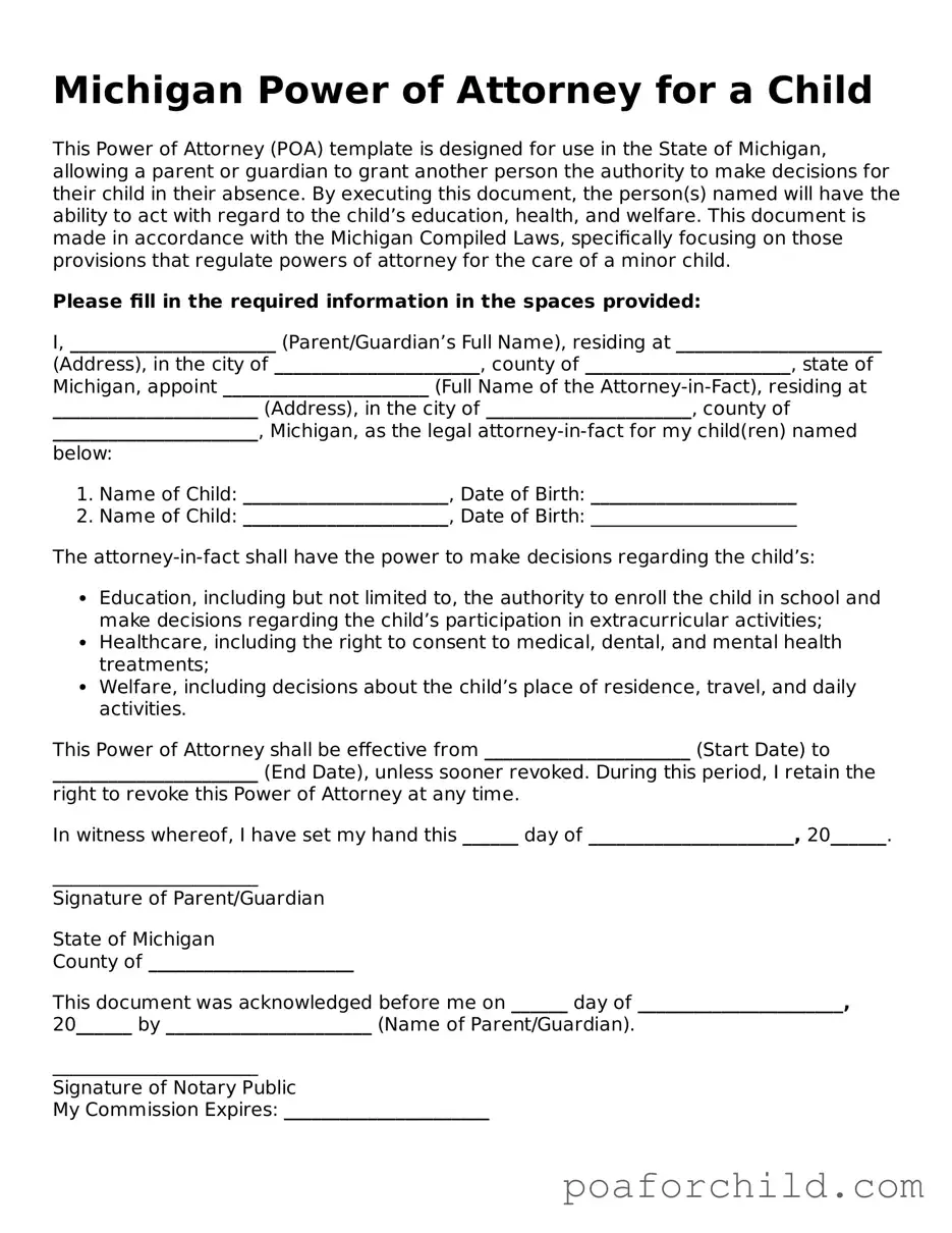 Blank  Power of Attorney for a Child Template for Michigan
