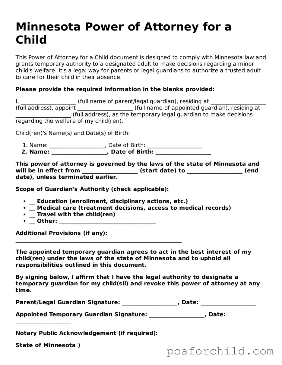 Blank  Power of Attorney for a Child Template for Minnesota