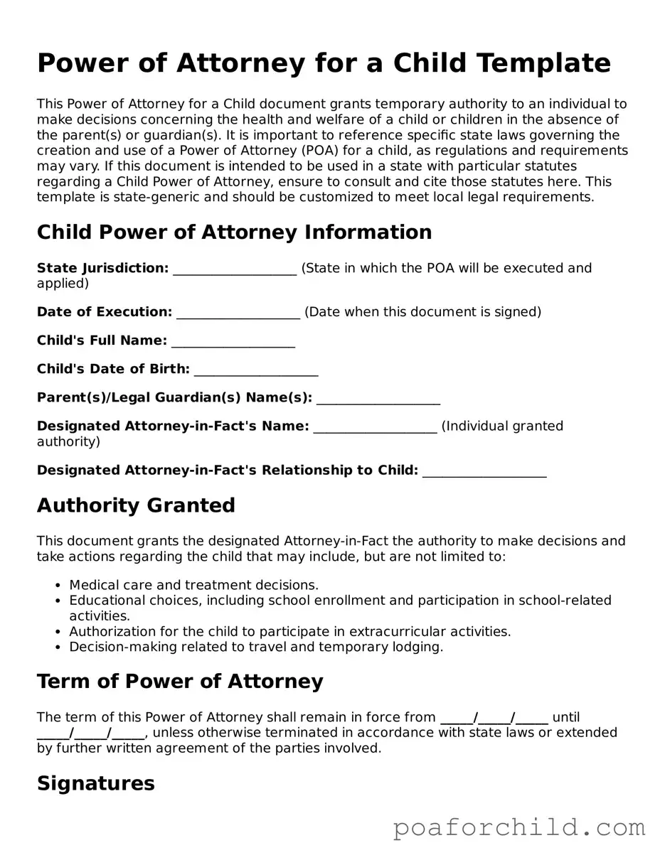 Valid Power of Attorney for a Child Form