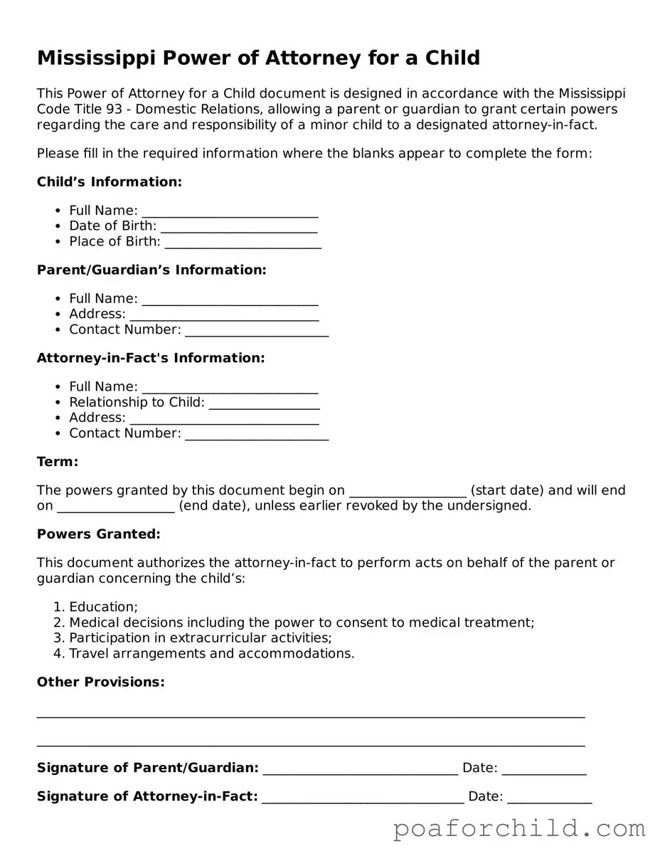 Blank  Power of Attorney for a Child Template for Mississippi