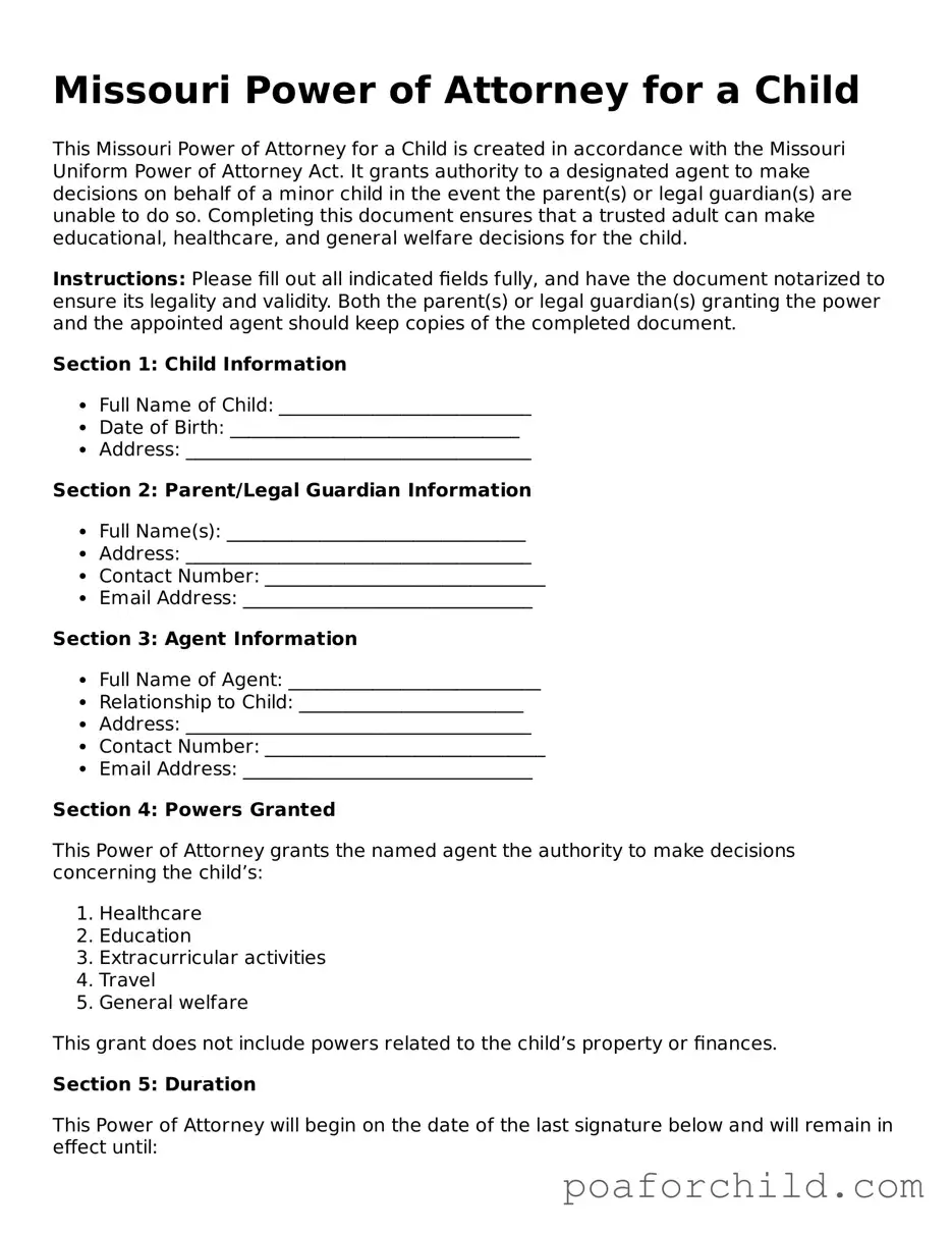 Blank  Power of Attorney for a Child Template for Missouri