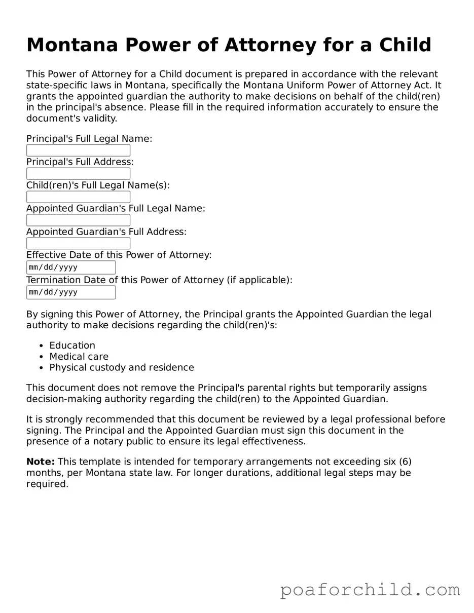 Blank  Power of Attorney for a Child Template for Montana