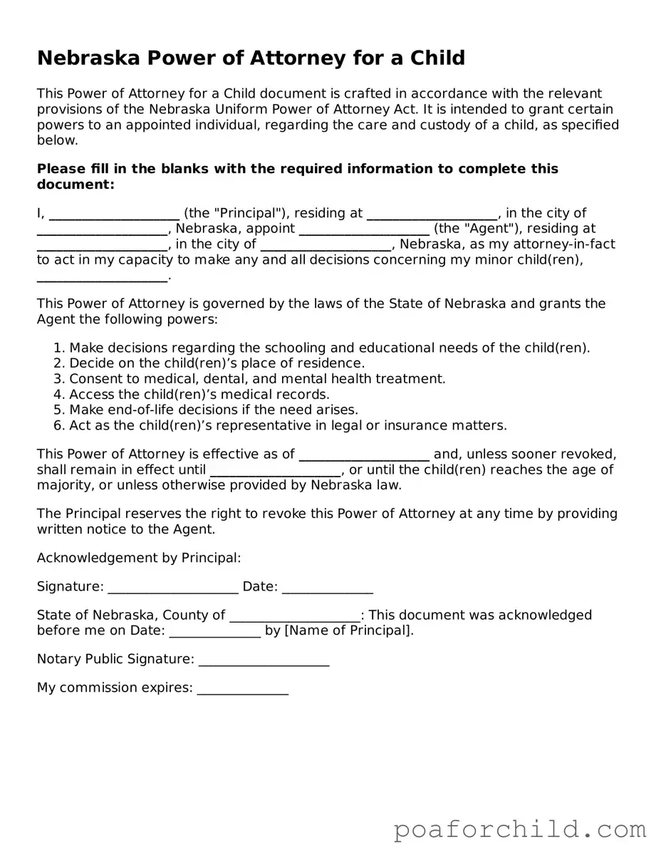 Blank  Power of Attorney for a Child Template for Nebraska