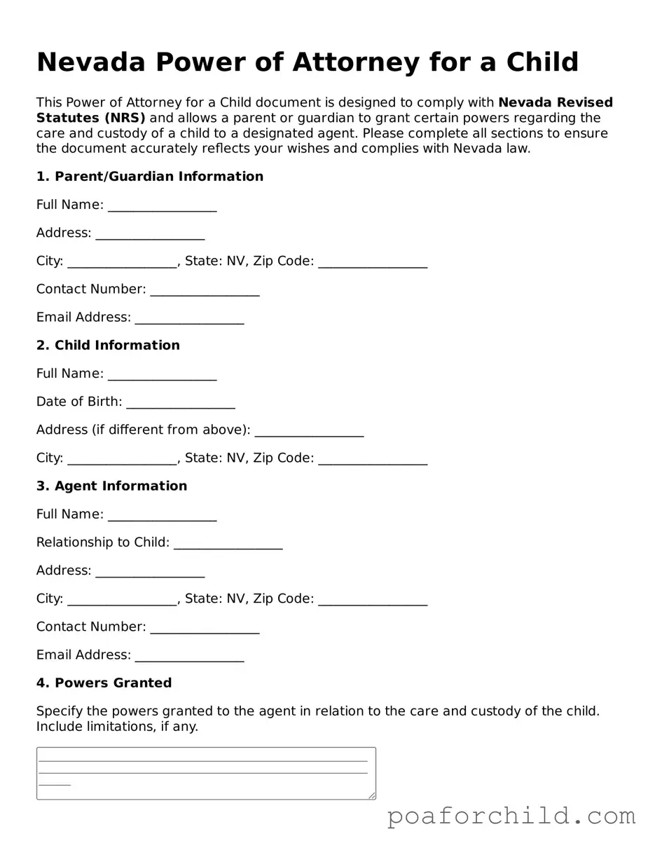 Blank  Power of Attorney for a Child Template for Nevada