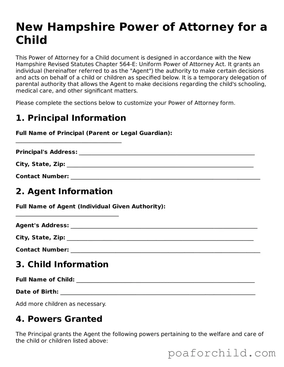 Blank  Power of Attorney for a Child Template for New Hampshire