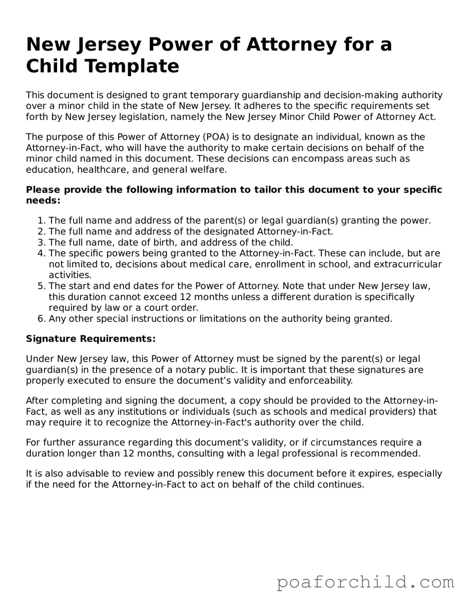 Blank  Power of Attorney for a Child Template for New Jersey