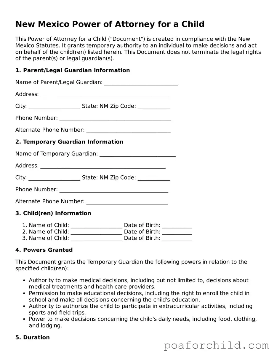 Blank  Power of Attorney for a Child Template for New Mexico