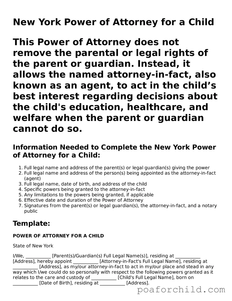 Blank  Power of Attorney for a Child Template for New York