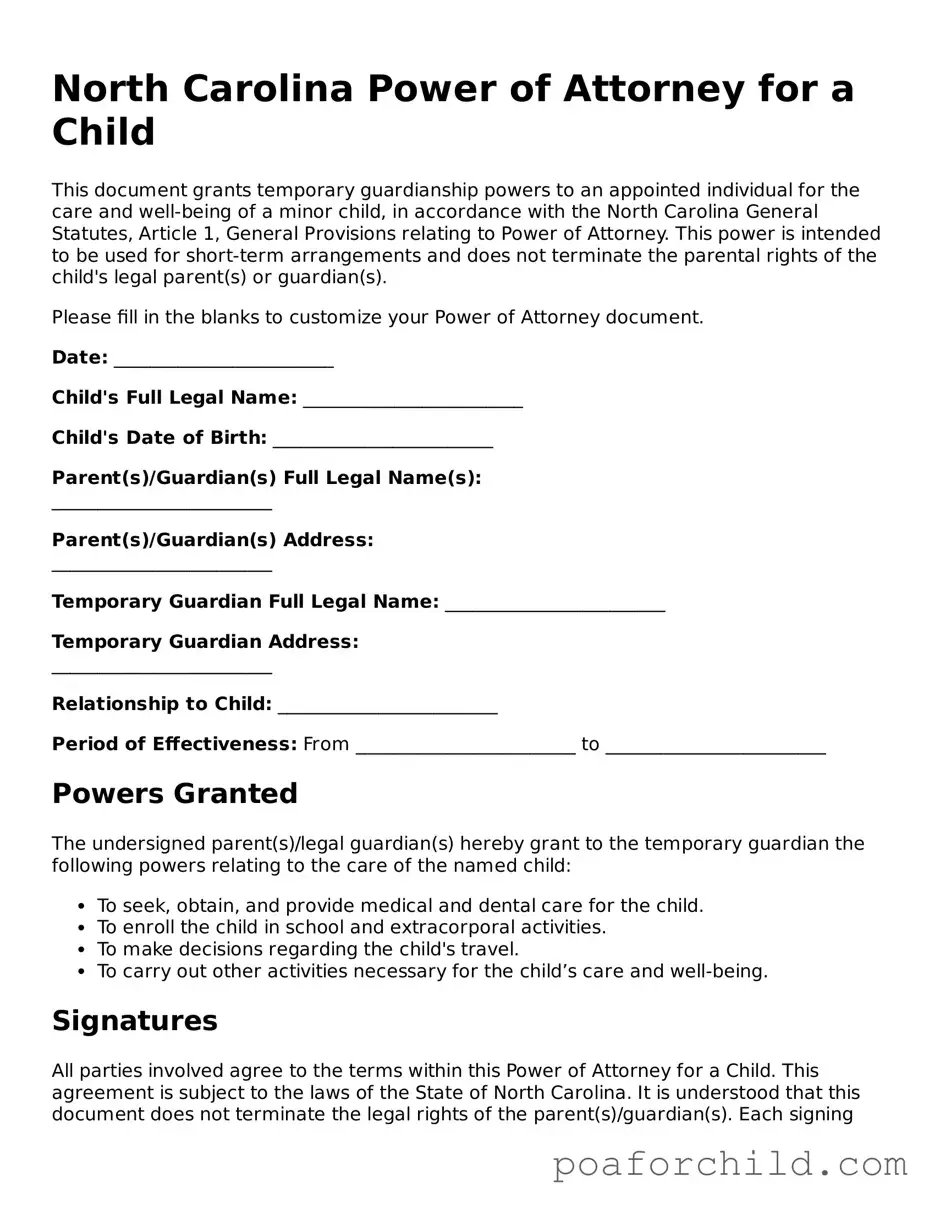 Blank  Power of Attorney for a Child Template for North Carolina