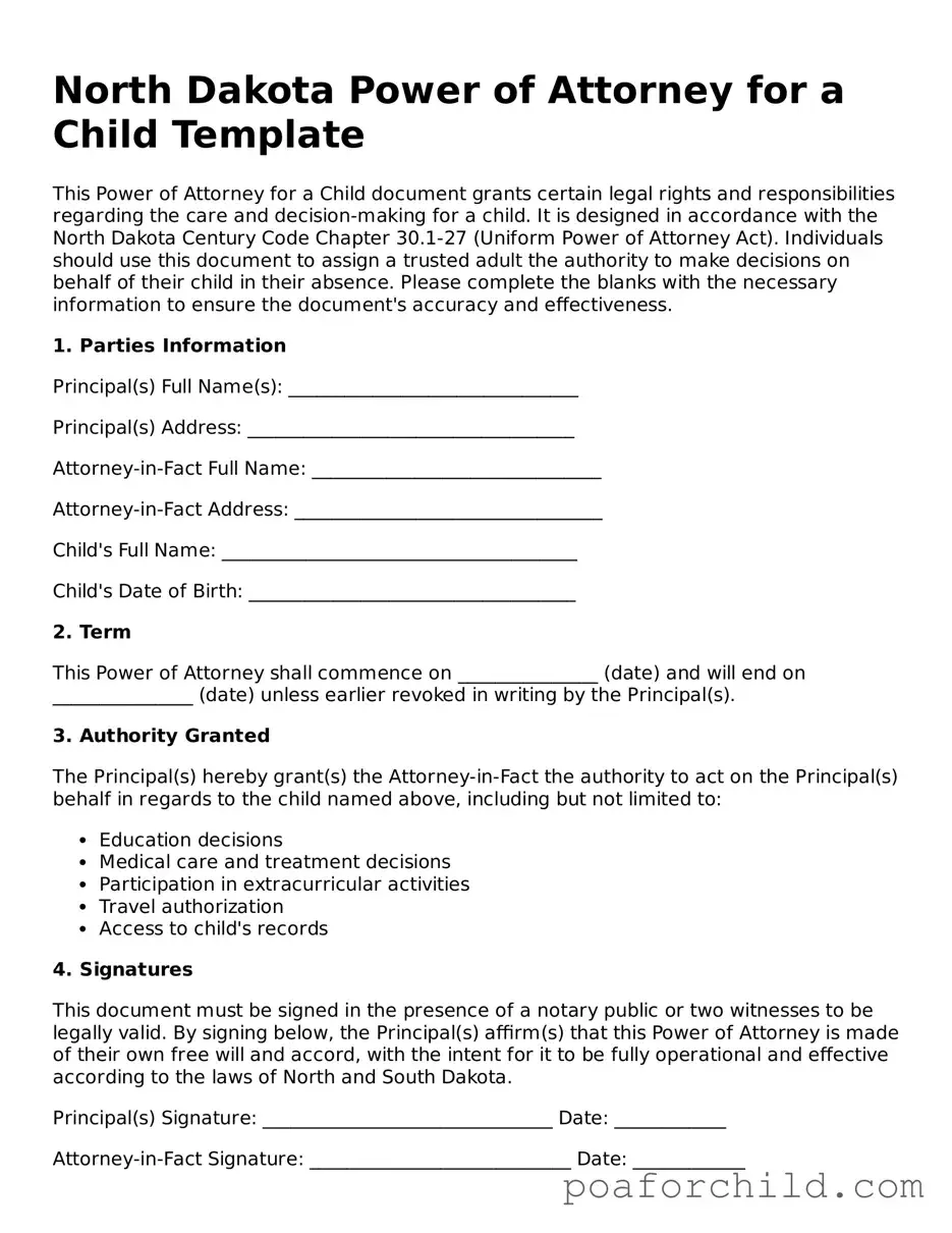Blank  Power of Attorney for a Child Template for North Dakota