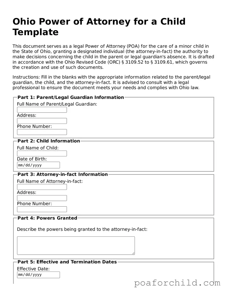 Blank  Power of Attorney for a Child Template for Ohio