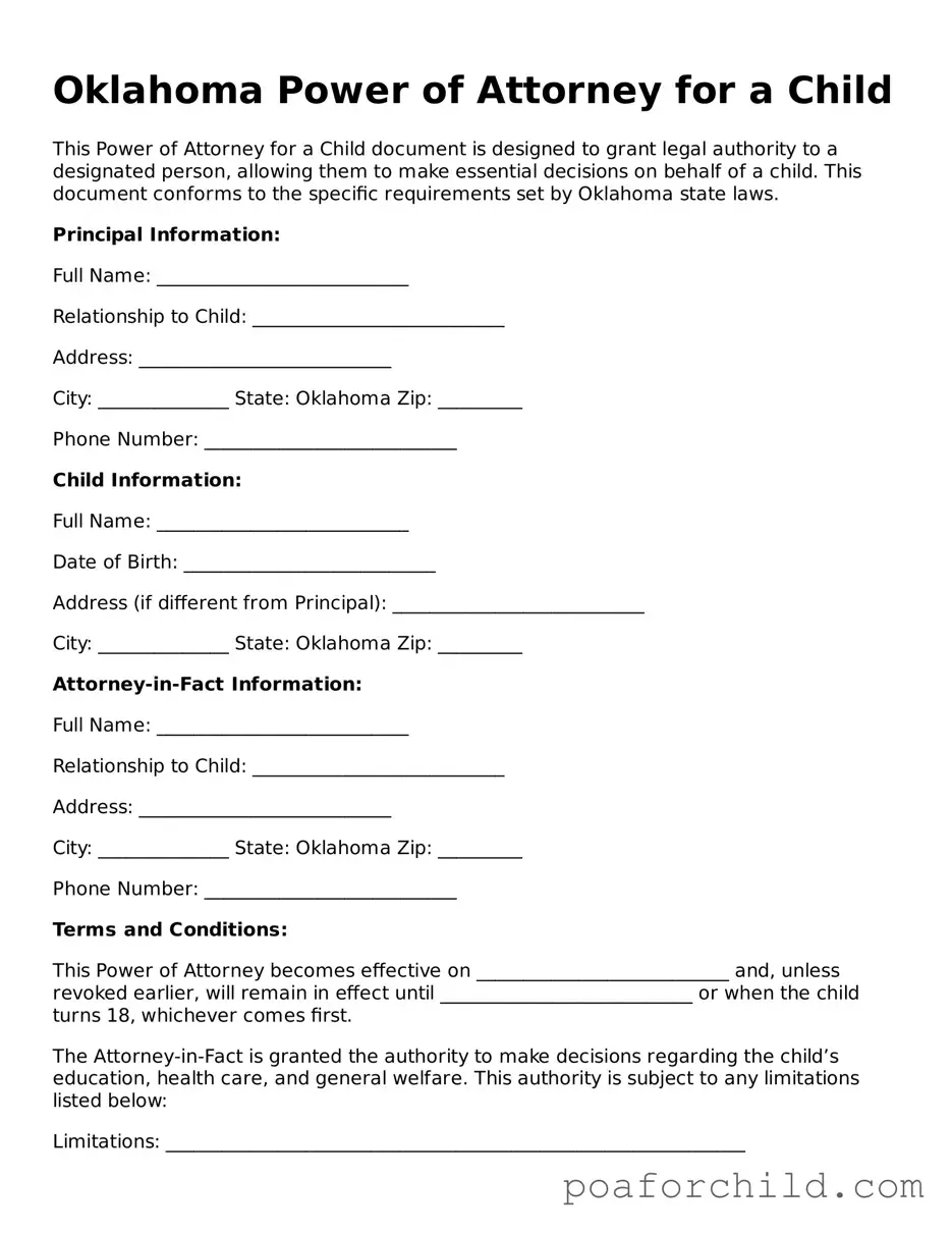 Blank  Power of Attorney for a Child Template for Oklahoma