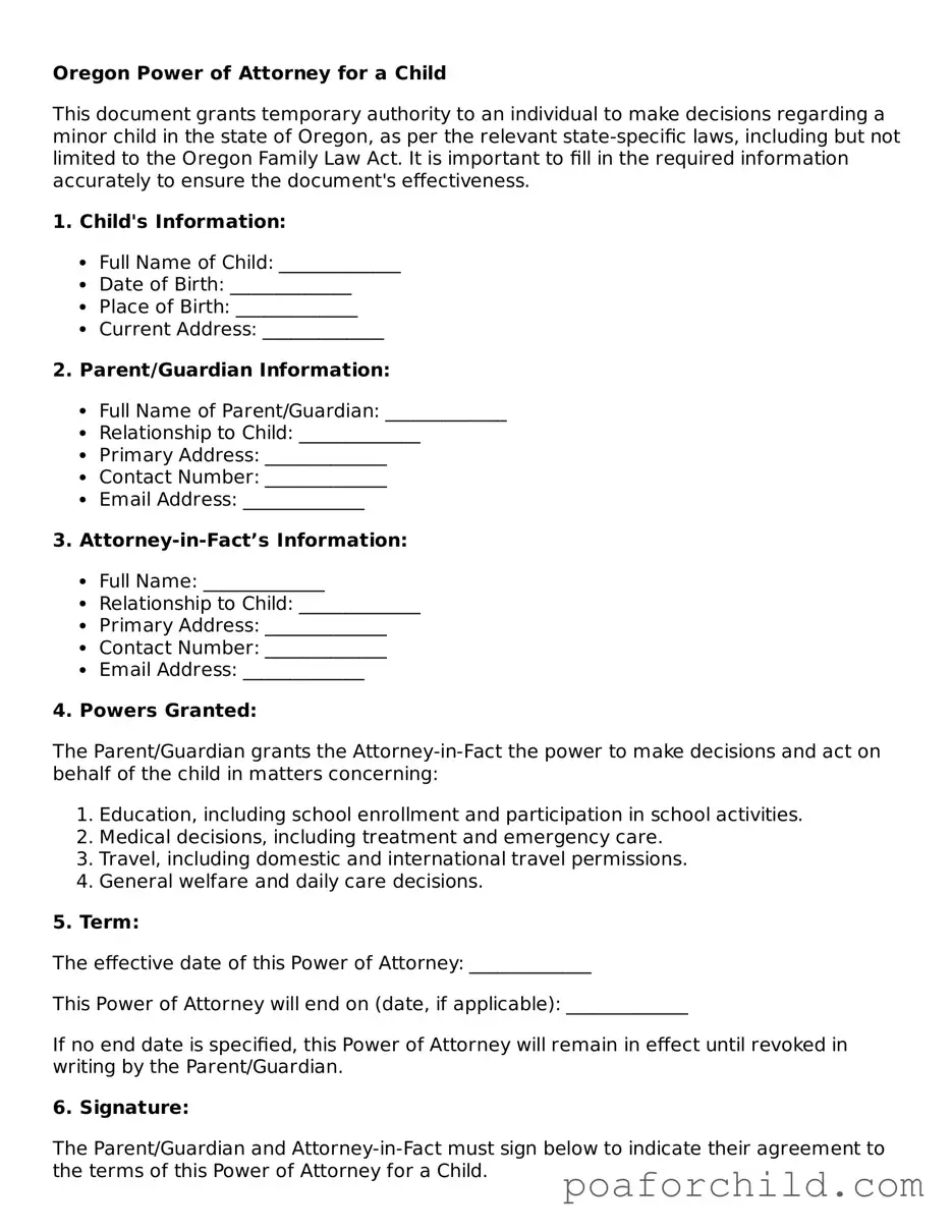 Blank  Power of Attorney for a Child Template for Oregon