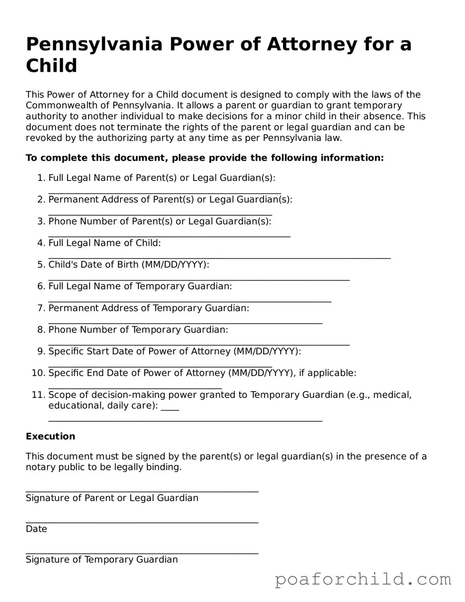 Blank  Power of Attorney for a Child Template for Pennsylvania