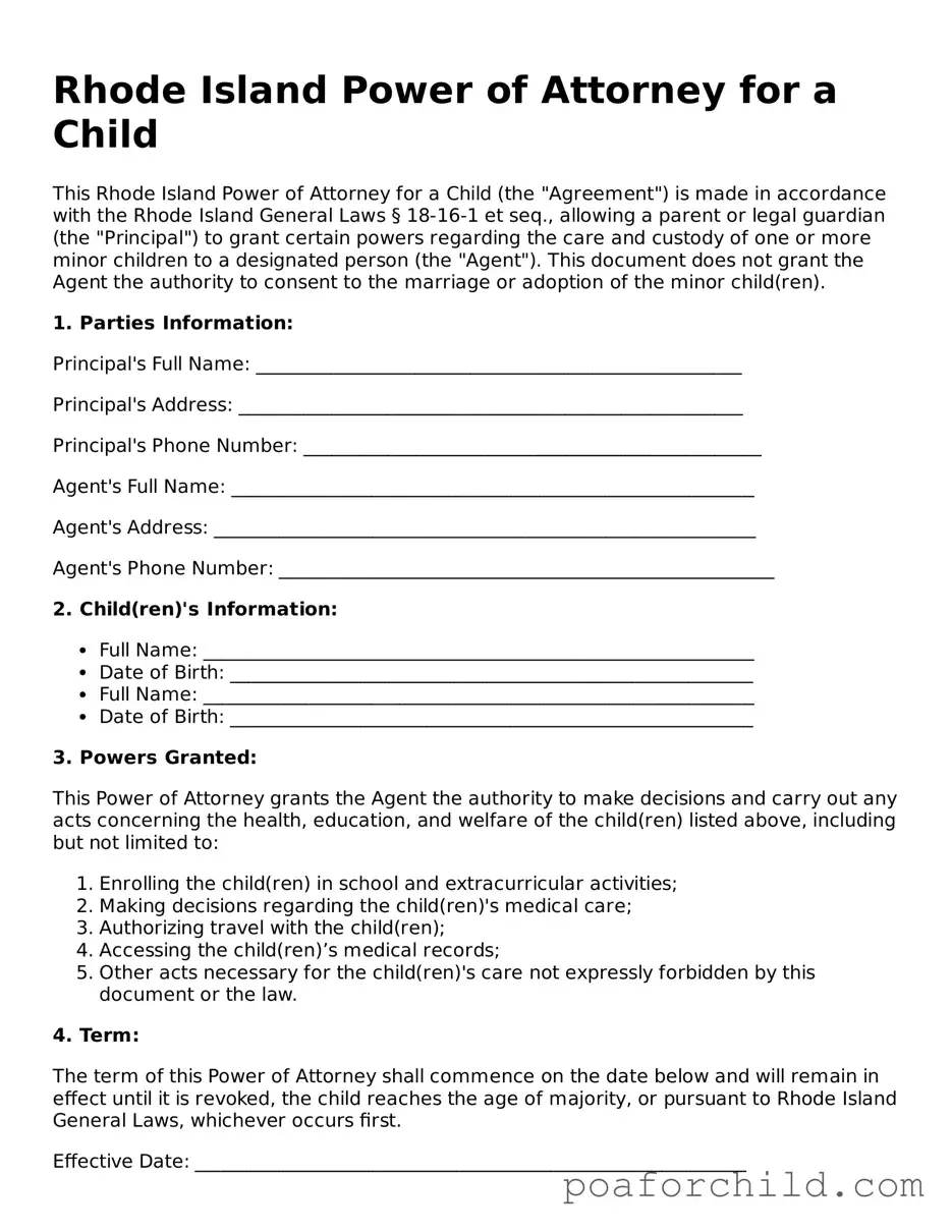 Blank  Power of Attorney for a Child Template for Rhode Island