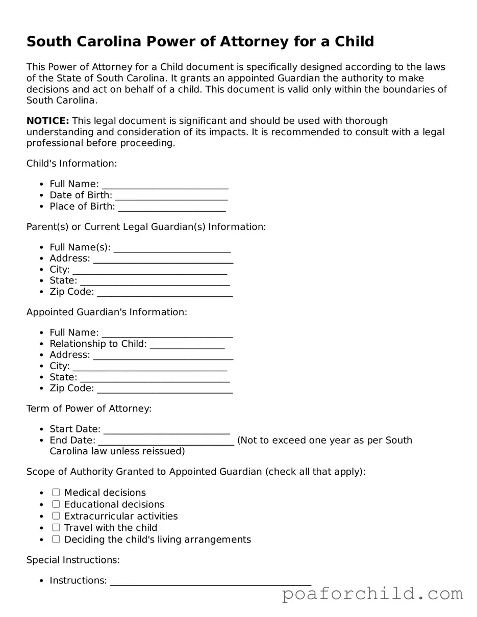 Blank  Power of Attorney for a Child Template for South Carolina