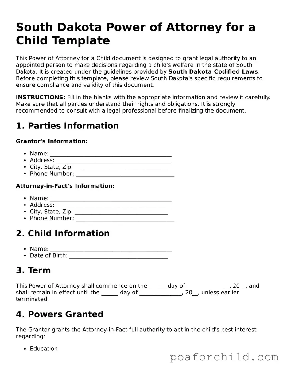 Blank  Power of Attorney for a Child Template for South Dakota