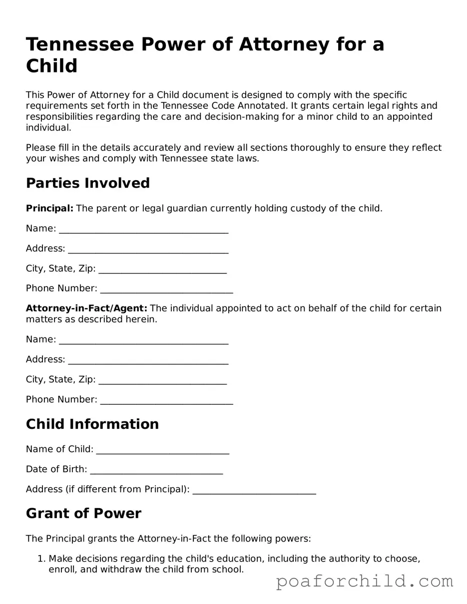 Blank  Power of Attorney for a Child Template for Tennessee