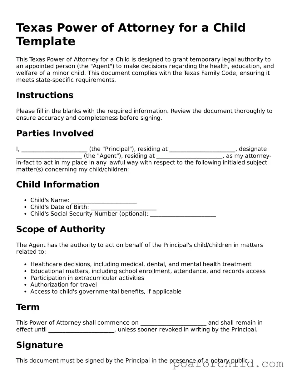 Blank  Power of Attorney for a Child Template for Texas