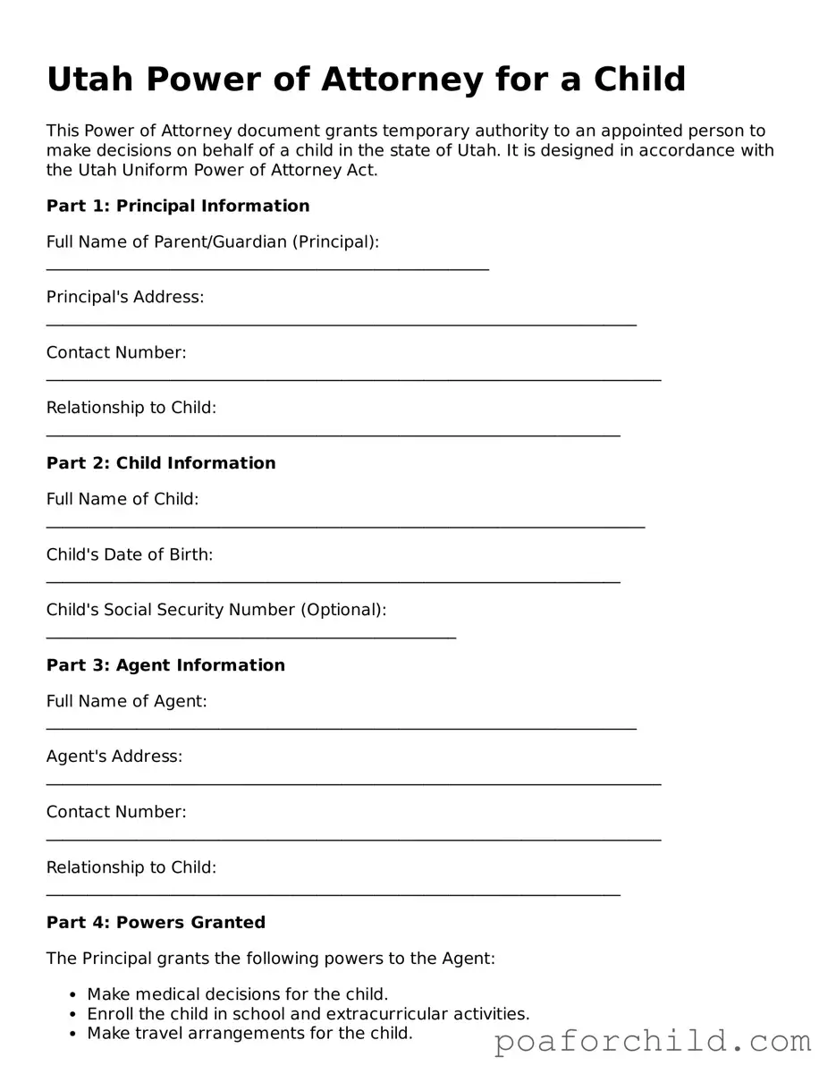 Blank  Power of Attorney for a Child Template for Utah