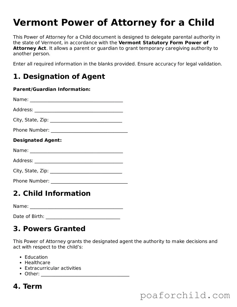 Blank  Power of Attorney for a Child Template for Vermont