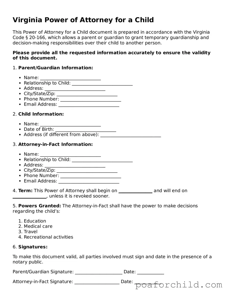 Blank  Power of Attorney for a Child Template for Virginia