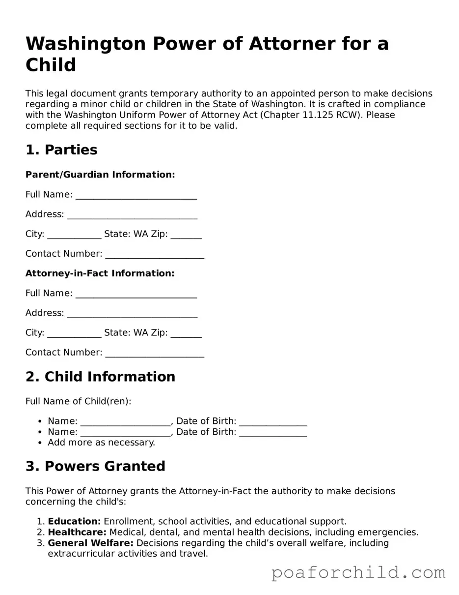 Blank  Power of Attorney for a Child Template for Washington