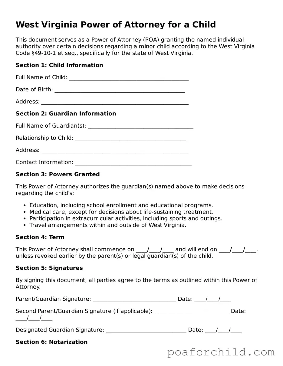 Blank  Power of Attorney for a Child Template for West Virginia