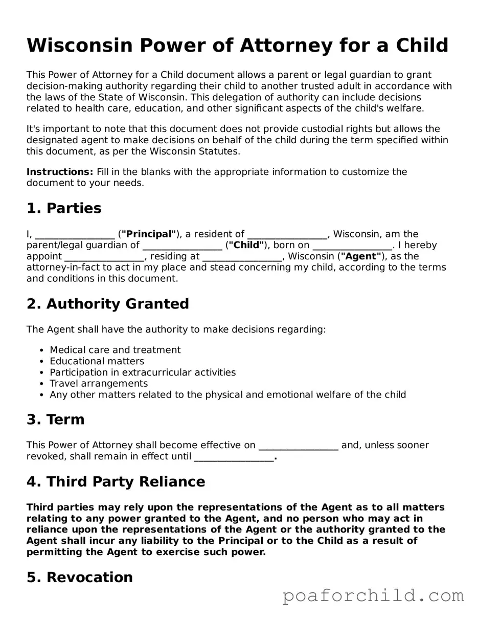 Blank  Power of Attorney for a Child Template for Wisconsin