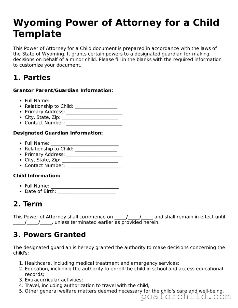 Blank  Power of Attorney for a Child Template for Wyoming